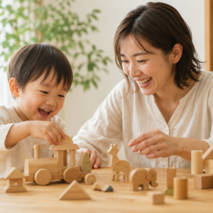 親子で木のおもちゃに触れて遊ぶ秋イベントの様子